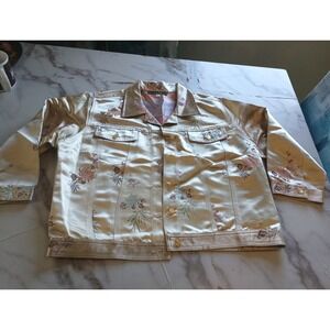 Made In USA Harris Wallace NY Women Blazer Gold Satin Floral Embroidery Print L